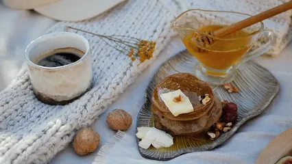 Horizontal video: Pancakes with fresh honey on the side 5430810. Duration: 19 seconds. Resolution: 1920x1080