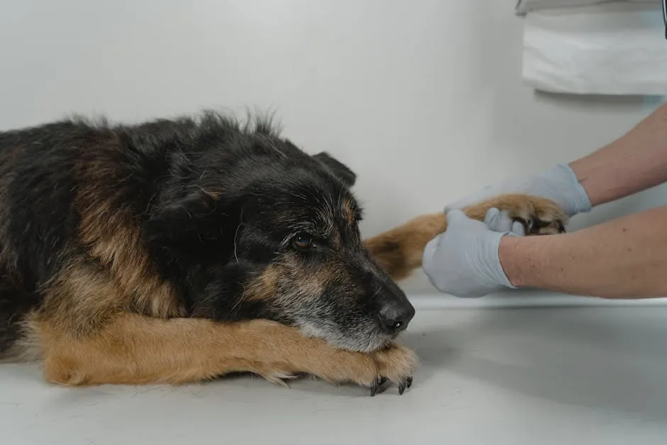 A veterinarian examines a relaxed dog's paw on a white table indoors.