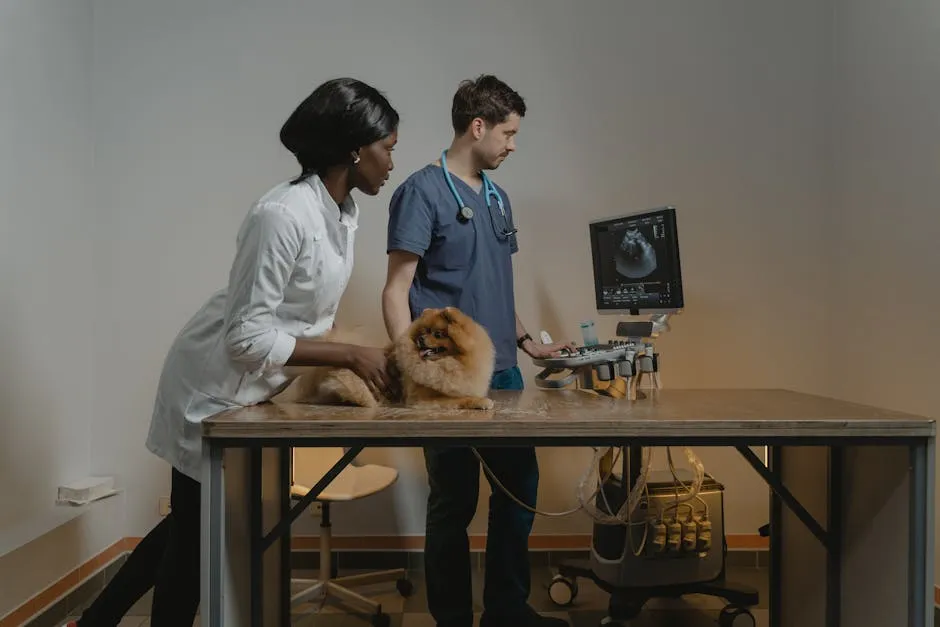 Two veterinarians conduct an ultrasound on a Pomeranian dog in a clinic setting.