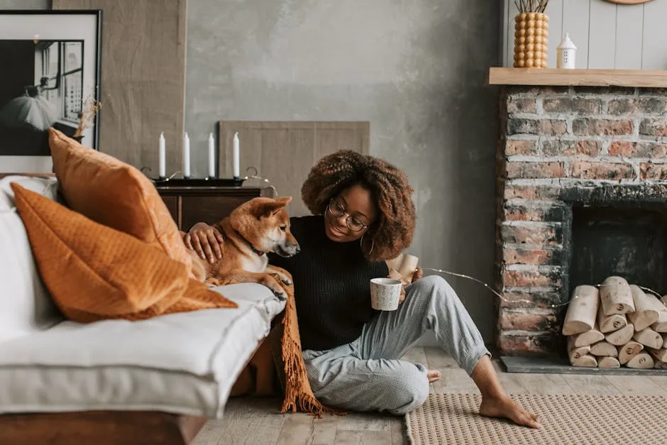 A Woman Sitting on the Floor while Holding Her Dog