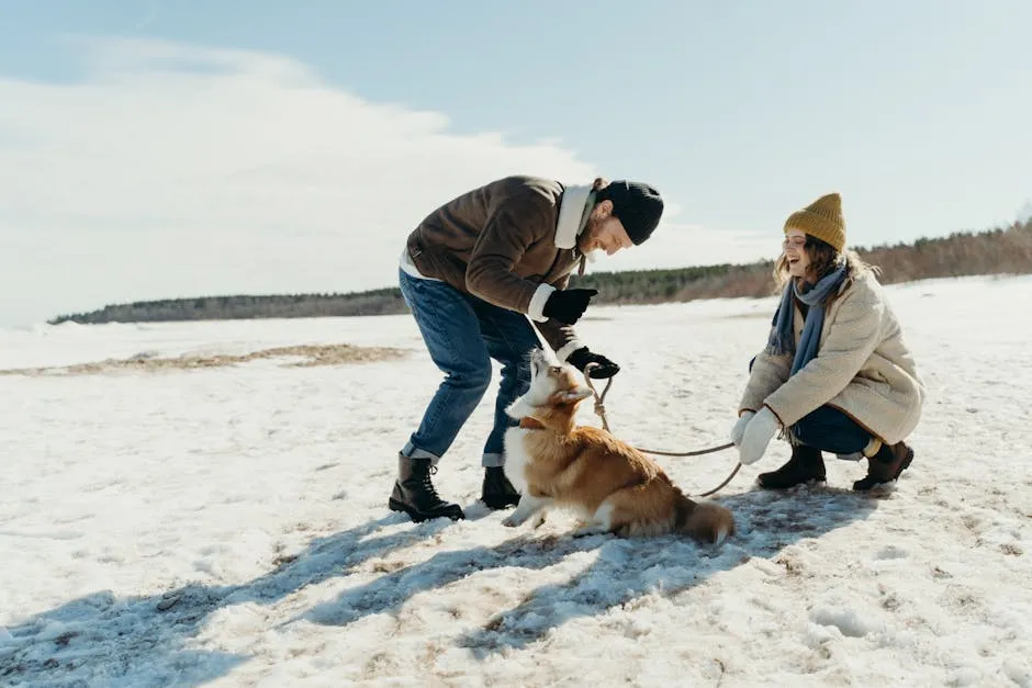 Man and Woman on Snow with Dog