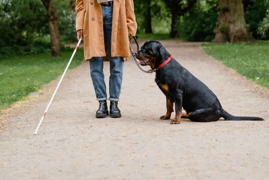 Woman with a White Cane and a Guide Dog Standing in the Park 