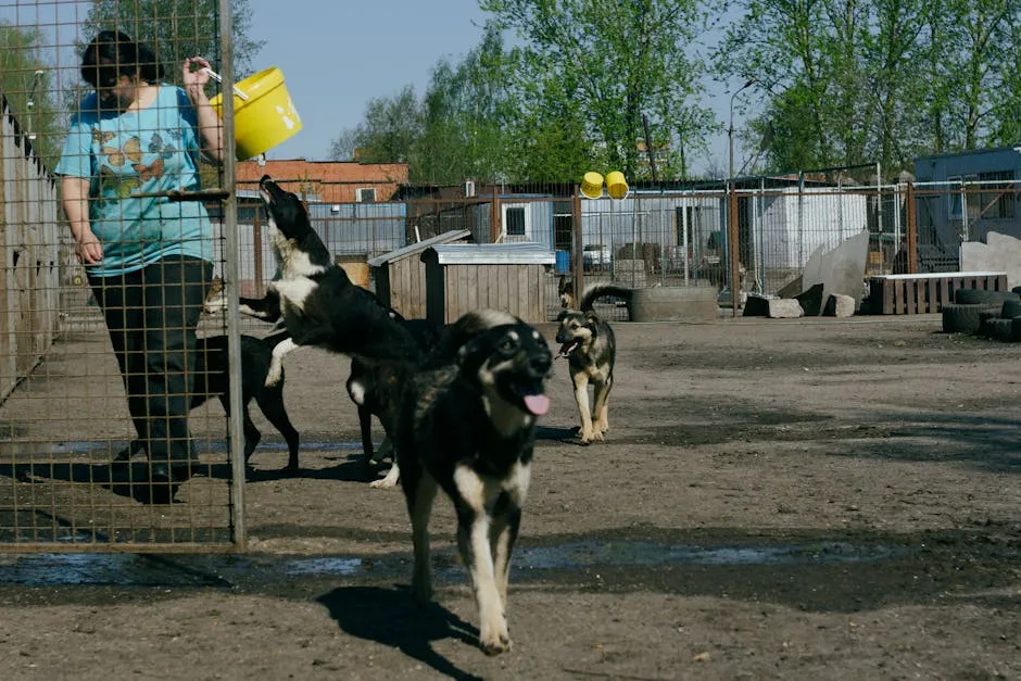 Woman Carrying a Bucket with Dogs around her 