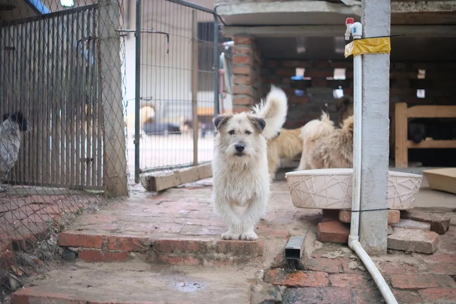 White Dog Standing on Red Brick Floor