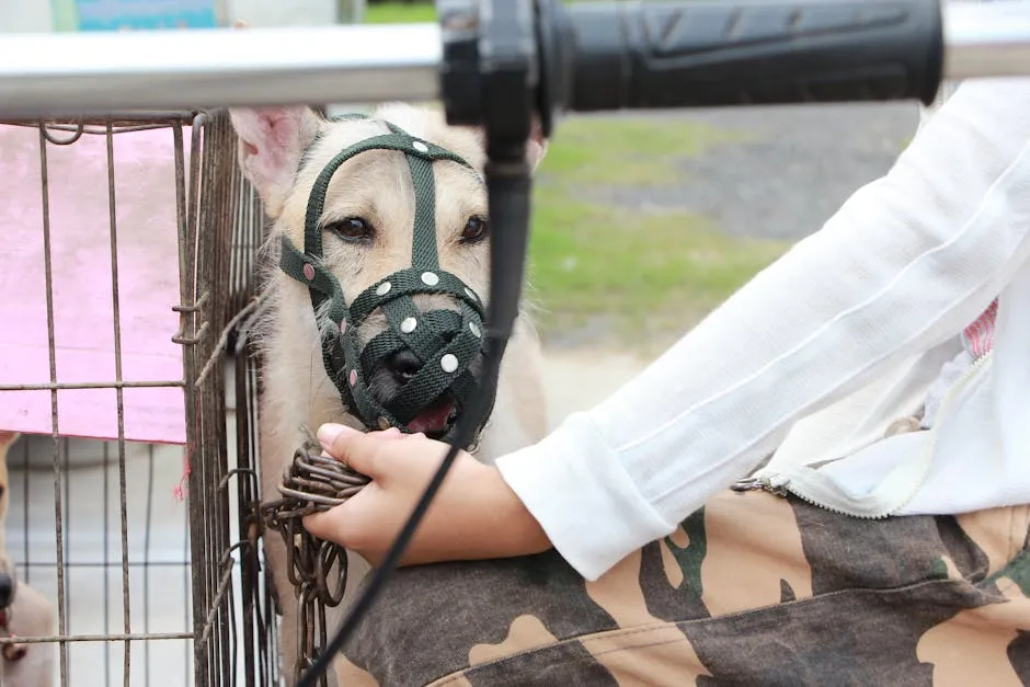 A muzzled dog in a cage with a person providing care outdoors.