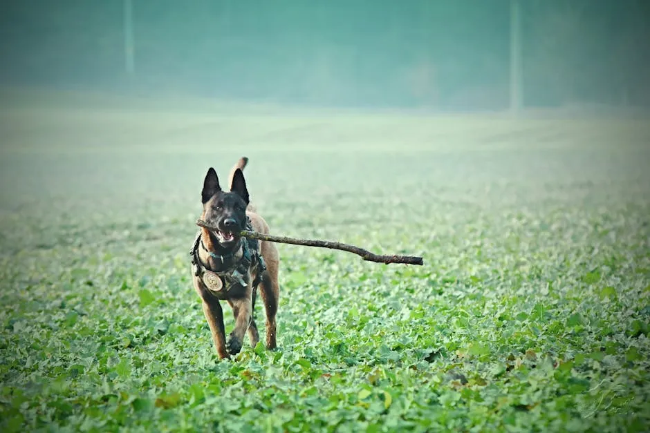 Adult Tan Belgian Malinois Biting Stick on Grass Field