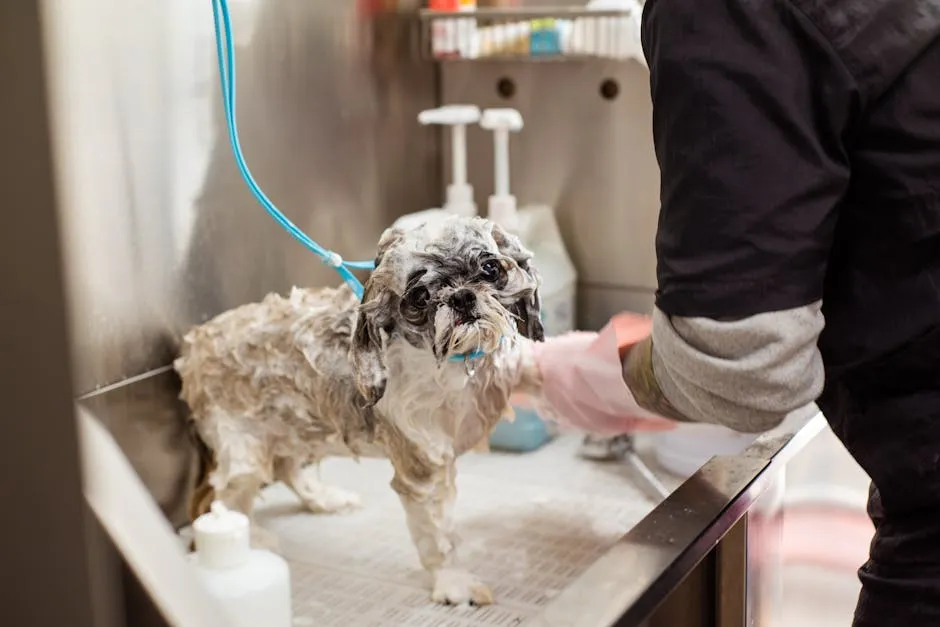 A wet Shih Tzu dog getting washed at a pet grooming station indoors with pink gloves.