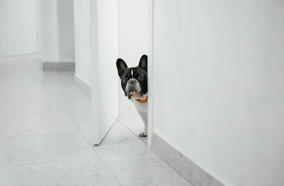 Bulldog Peeking behind Doorway