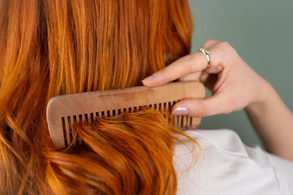 Woman Combing Long Red Hair with Wooden Comb