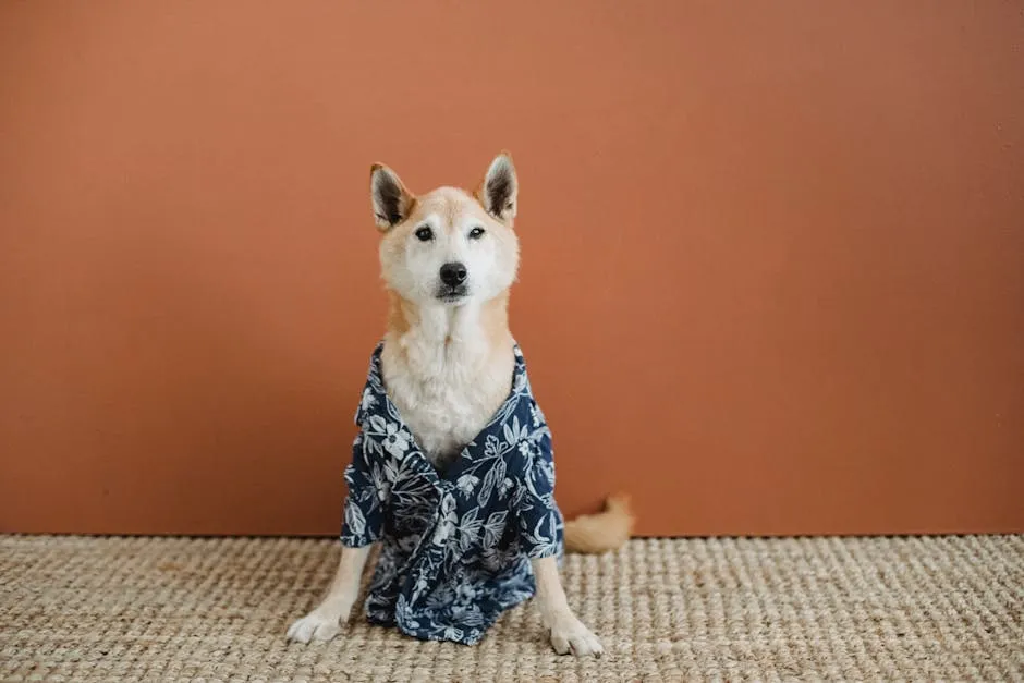 Adorable fluffy dog with brown and white fur dressed in shirt sitting on soft carpet