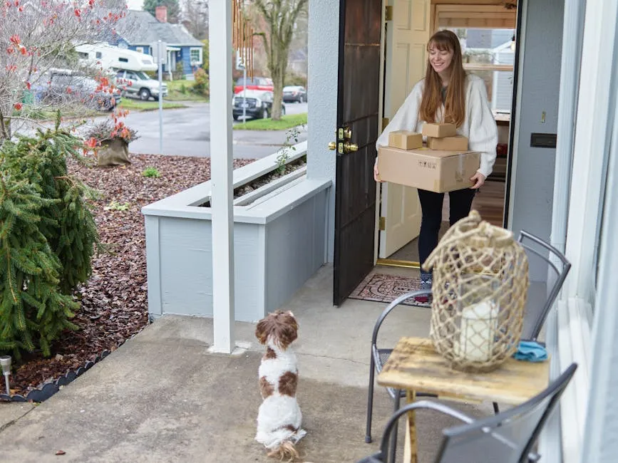 A Woman Standing on the Doorway Holding Boxes Near a White and Brown Dog