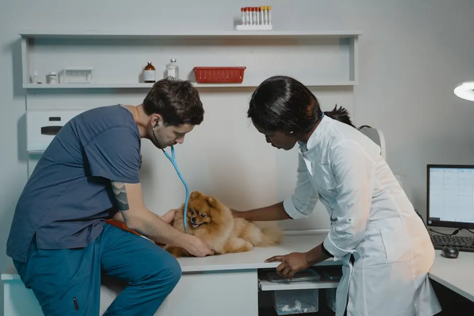 Veterinarian team examining a Pomeranian dog at a clinic, ensuring pet health.