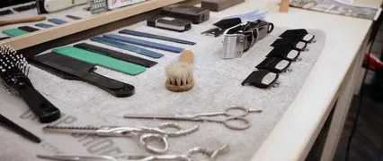 Horizontal video: A tools for haircut on the table 7426376. Duration: 6 seconds. Resolution: 2560x1080