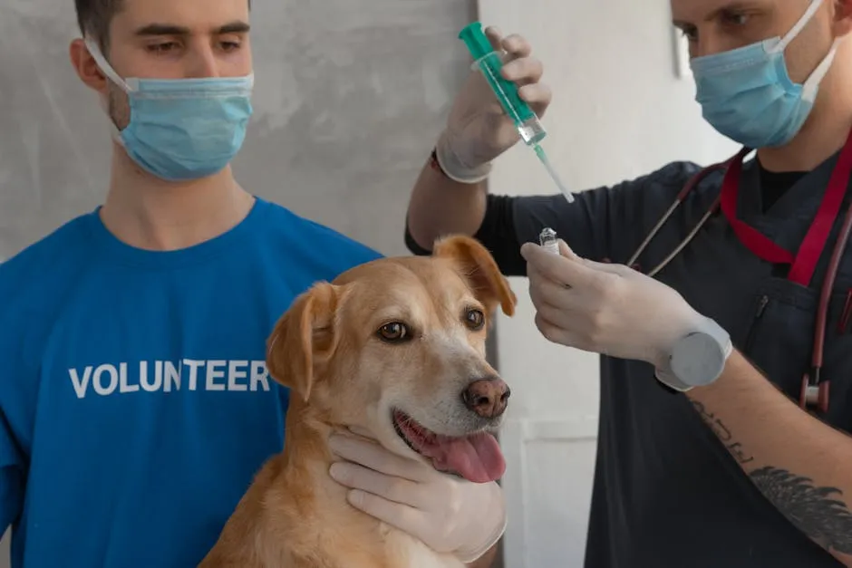 A veterinarian wearing a mask prepares a vaccine for a dog with a volunteer assisting.