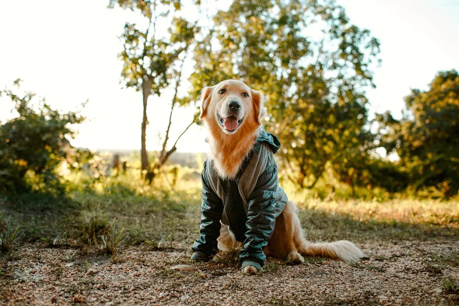 Cute Golden Retriever in cloth sitting on ground near grassy meadow with tall trees in countryside on summer day
