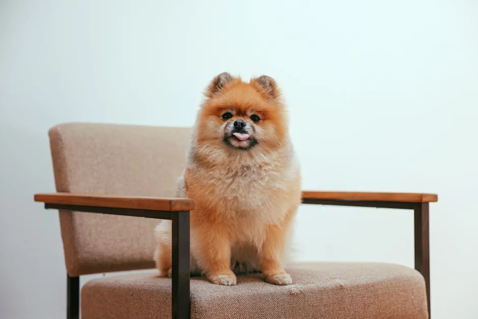 Brown Pomeranian Puppy Sitting on Brown Wooden Chair