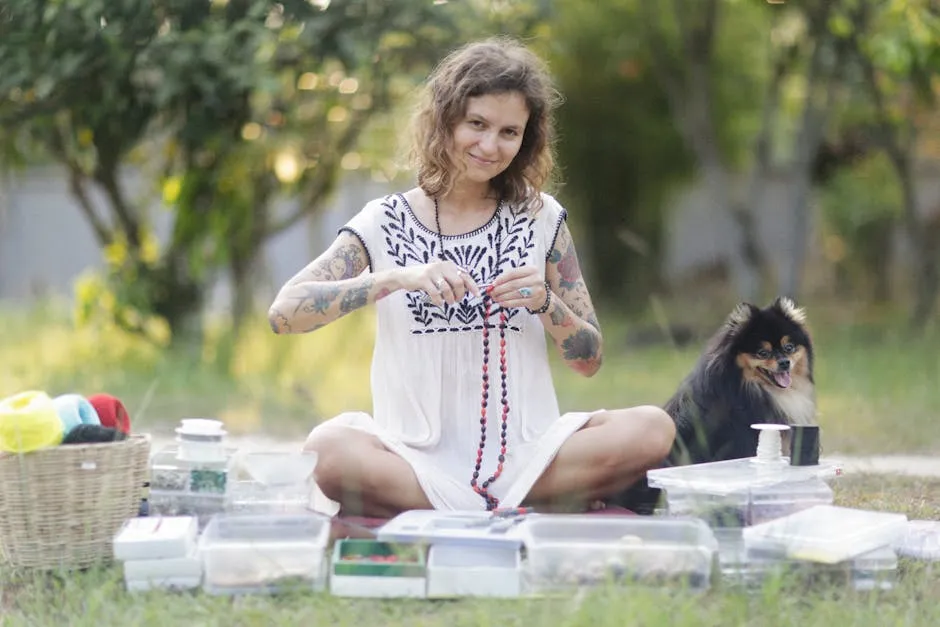 Woman Sitting in a Park with Her Dog Making Jewellery