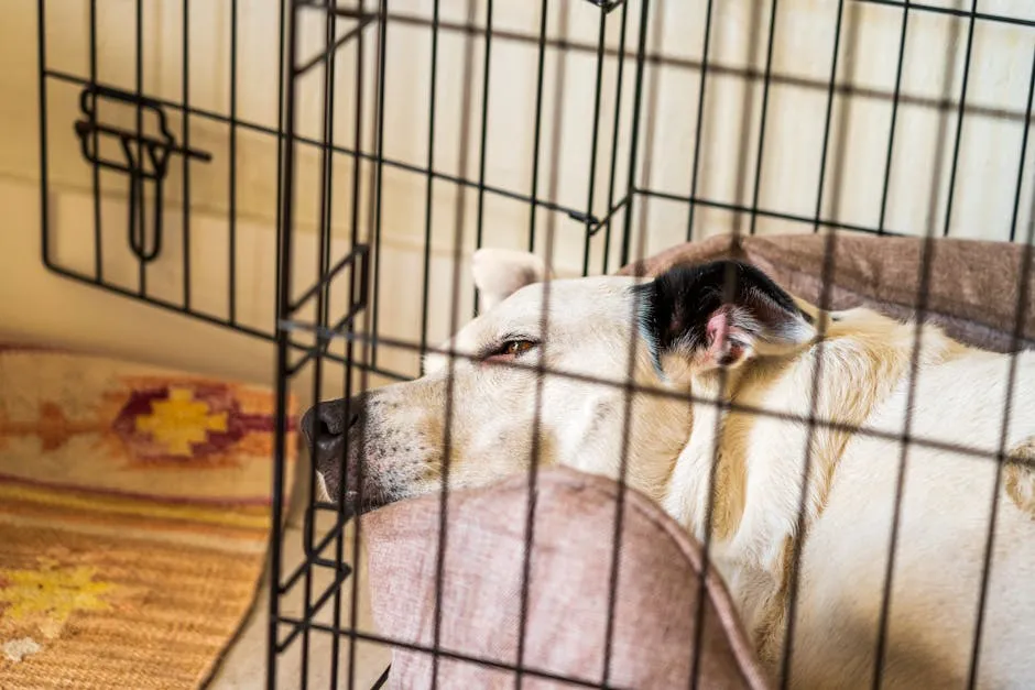 A calm dog rests comfortably inside a cozy kennel, radiating warmth and safety.