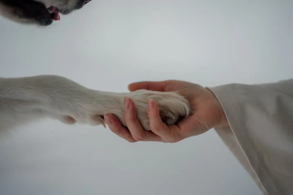 A close-up of a human hand gently holding a dog's paw, symbolizing trust and companionship.