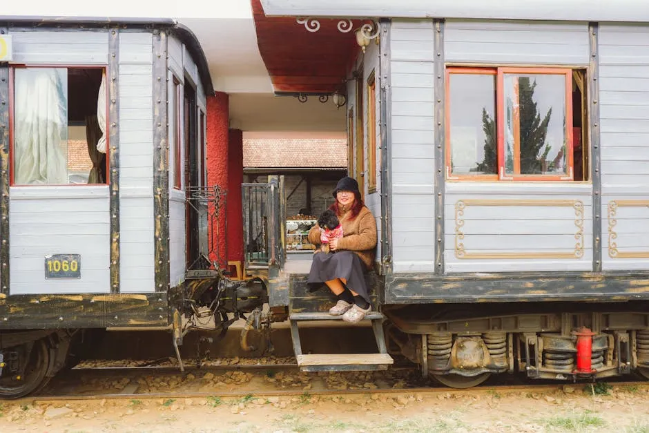 Tourist with a Dog Sitting Between the Vintage Train Cars