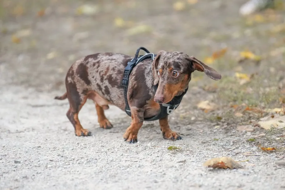 Adorable Dachshund Walking Outdoors in Fall