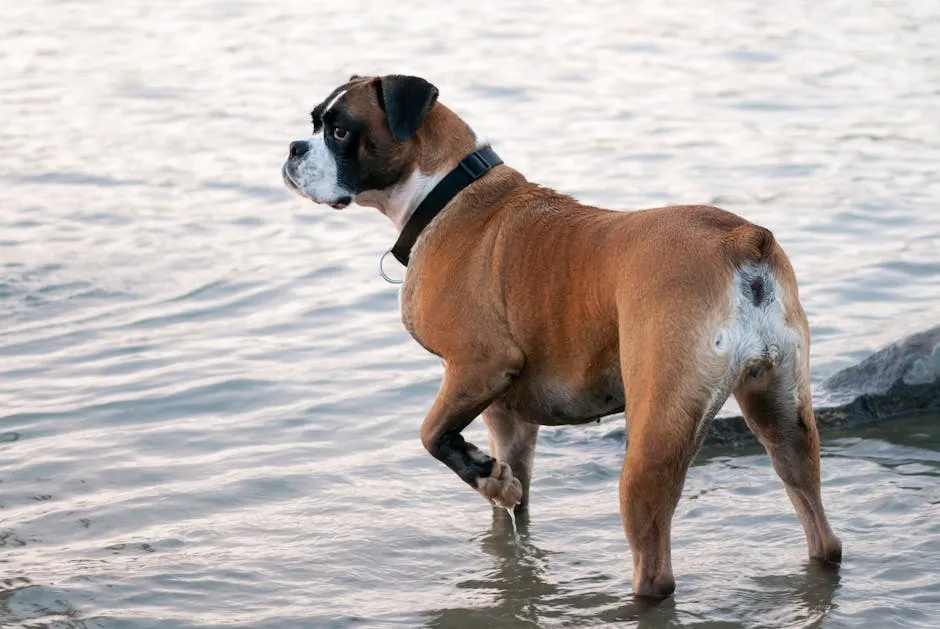 Side view of curious fawn Boxer dog in collar walking in shallow water of rippling sea and looking away