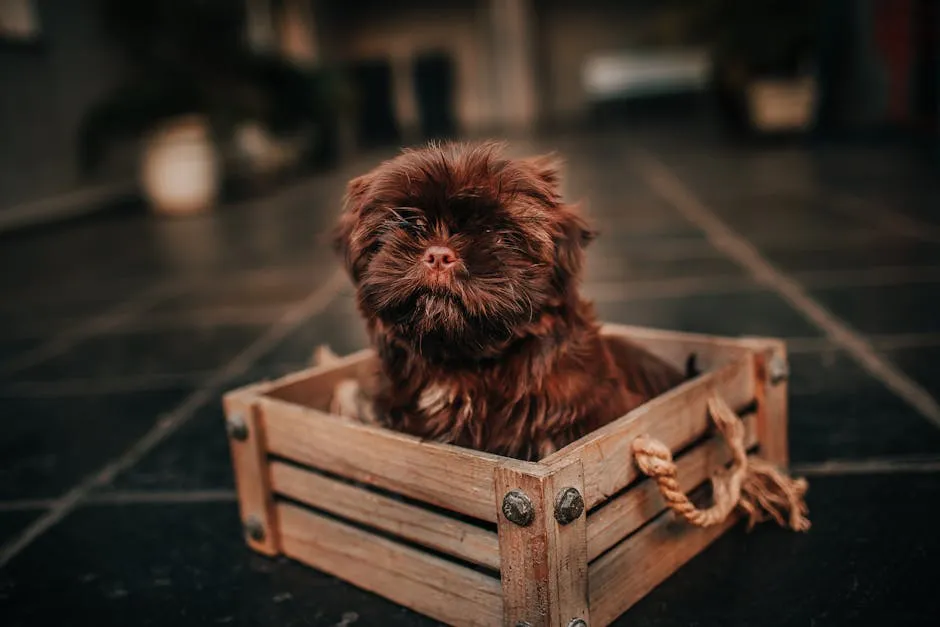 Adorable purebred puppy resting in box at home