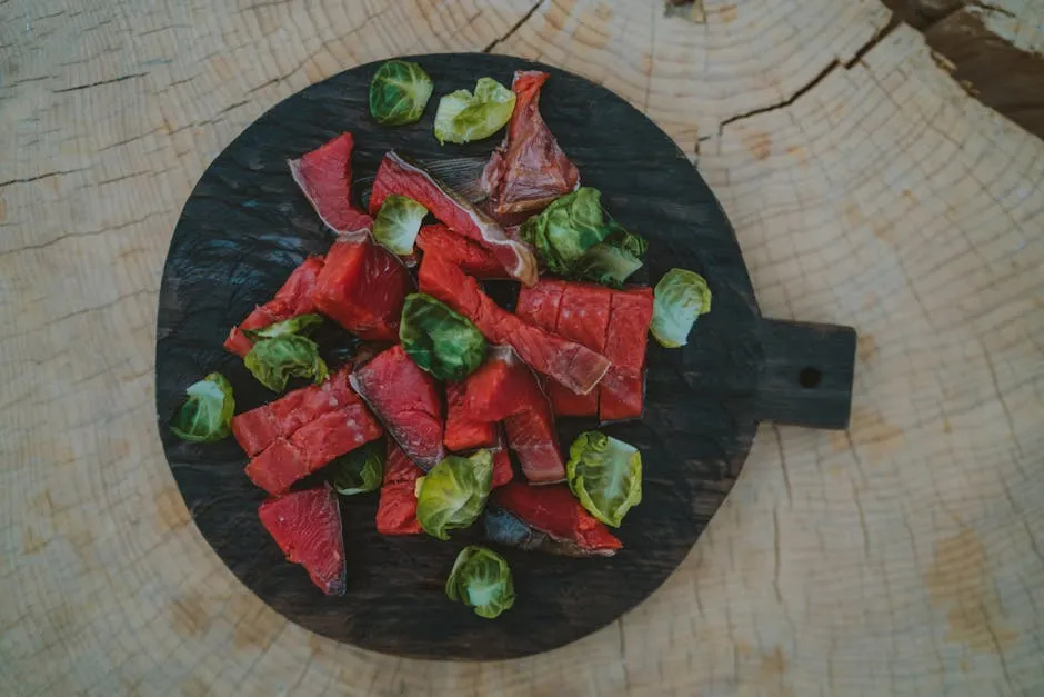 Raw beef slices and Brussels sprouts arranged on a dark cutting board, showcasing vibrant colors and textures.