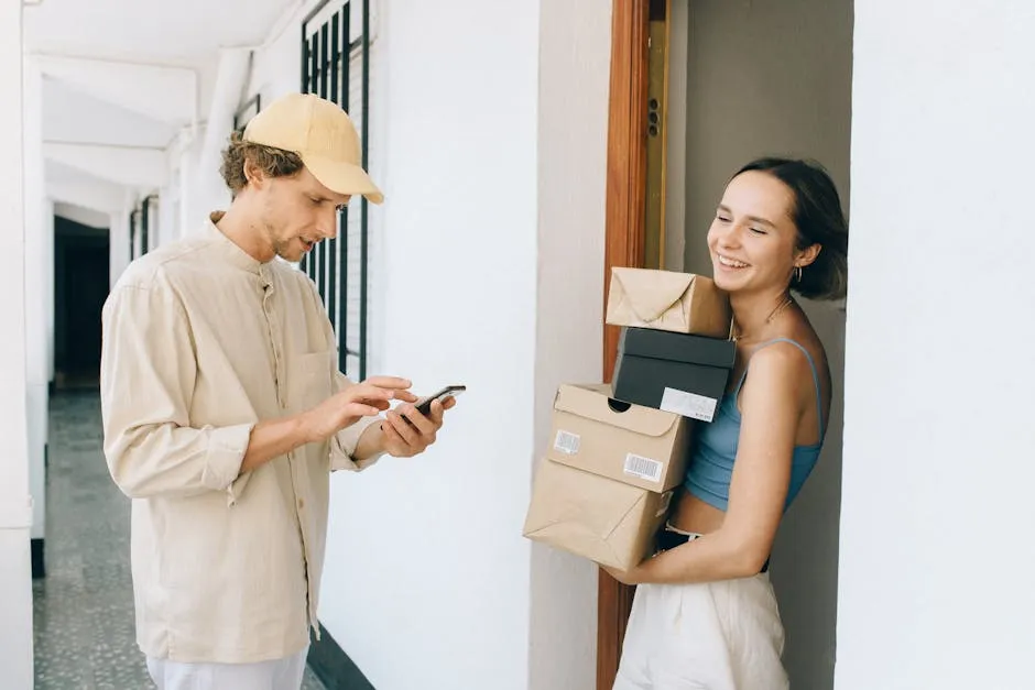Woman in Blue Tank Top Carrying Brown Boxes