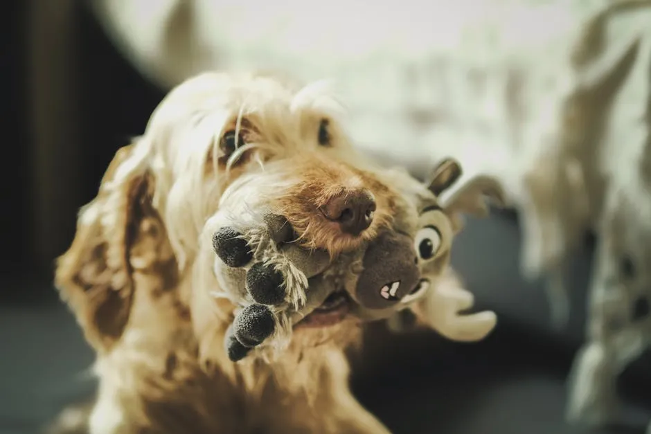 Cute dog with a fluffy coat playing with a plush toy indoors, showcasing fun and playful behavior.