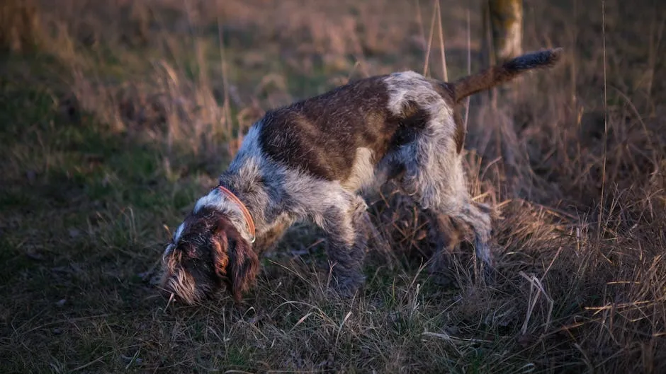 Wirehaired Dog Sniffing Ground in Nature