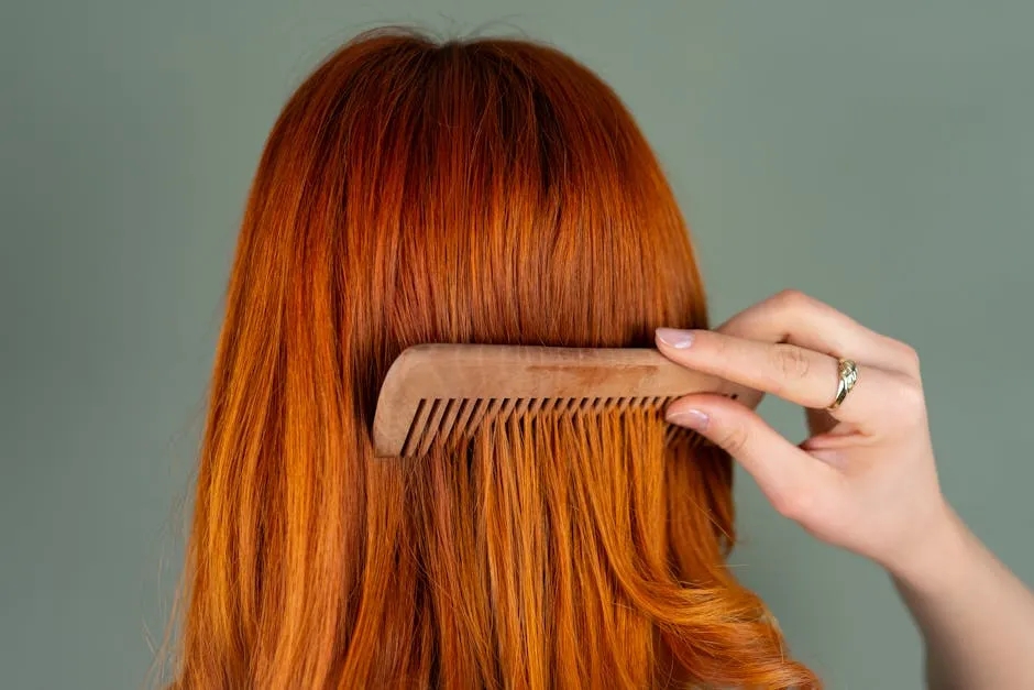 Woman Combing Long Red Hair with Wooden Comb