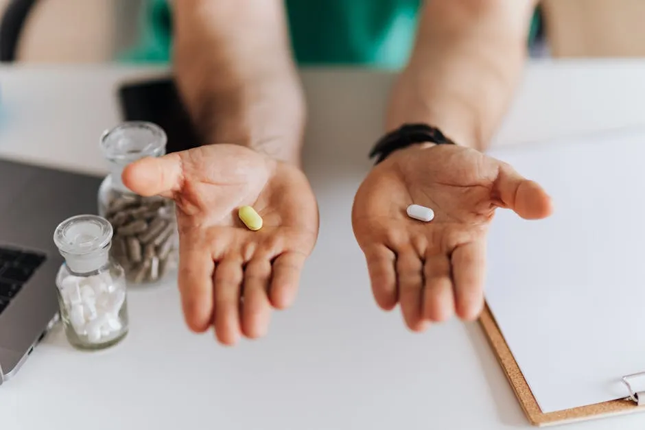 Crop doctor showing pills to patient in clinic