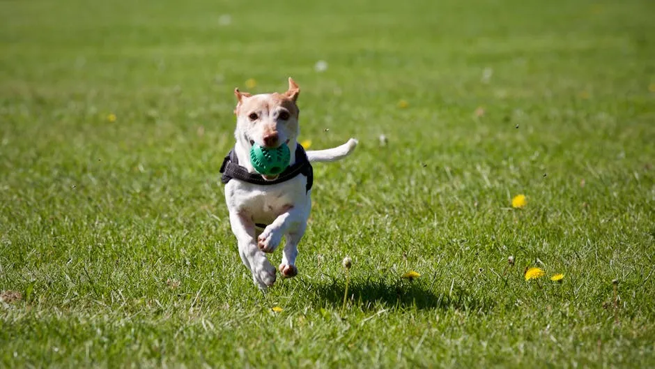 A cute dog joyfully running with a ball in a grassy field, exuding playful energy.