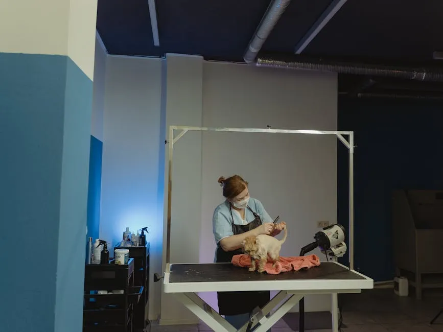 A pet groomer trims a dog's fur on a grooming table in a professional salon setting.