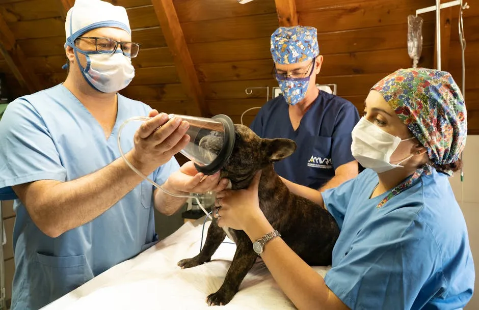 Veterinarians in a clinic preparing a French Bulldog for anesthesia treatment.