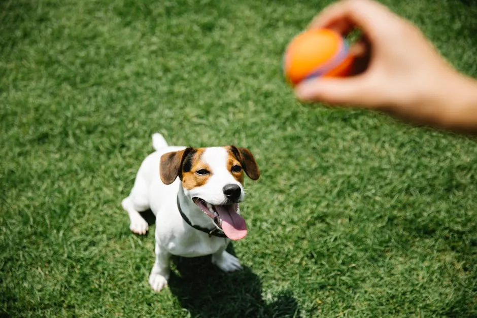 Crop owner with ball taming purebred dog on lawn