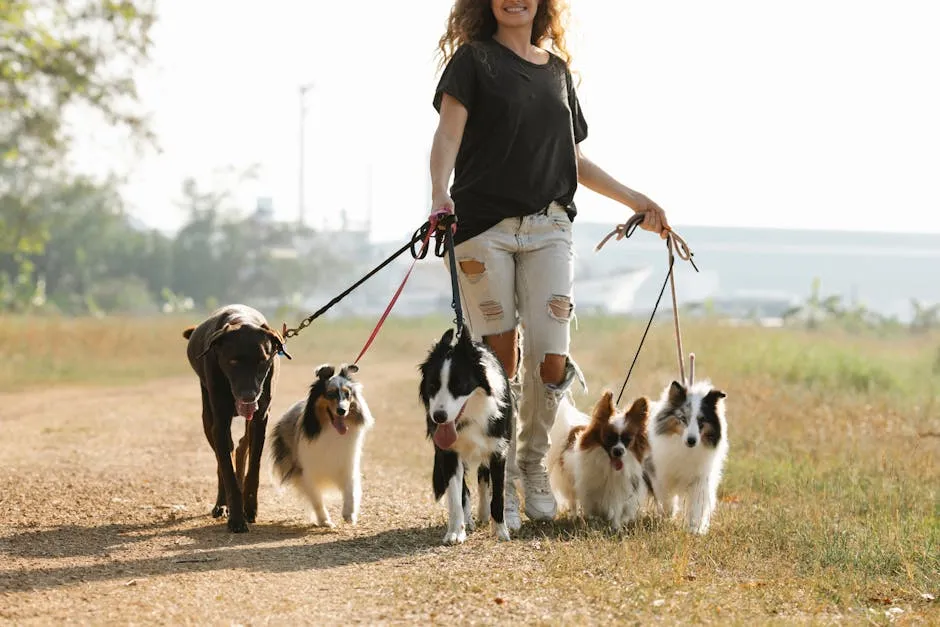 Crop positive female strolling on path with group of dogs on leashes in rural area of countryside with green trees