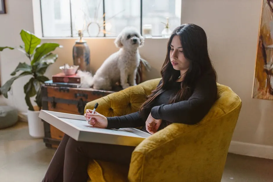 Photo of a Woman Sitting in a Yellow Armchair, and a White Dog in a Room