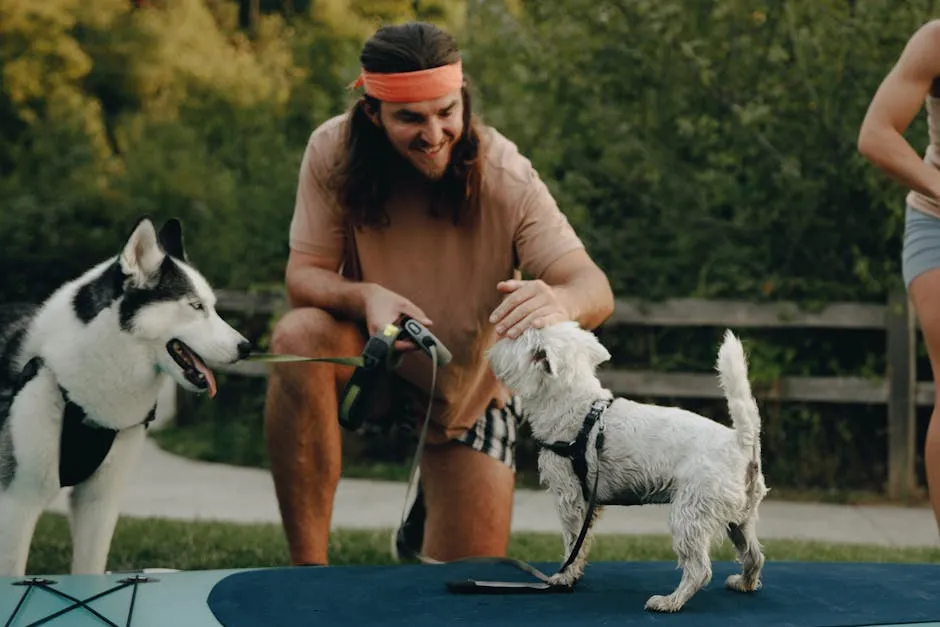 Man Squatting on Grass Petting a Dog