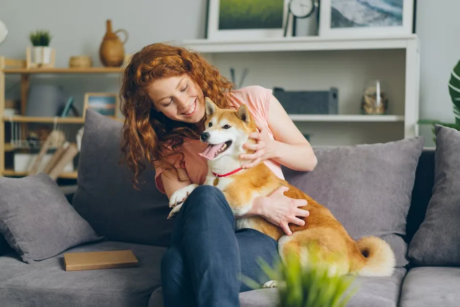 Red-haired woman hugging her Shiba Inu on a cozy sofa in a stylish living room.