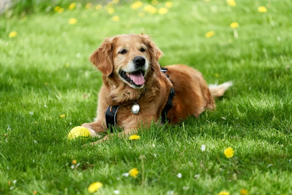 An adult Field Trial Golden Retriever is lying on the grass and guarding her ball, surrounded by yellow flowers