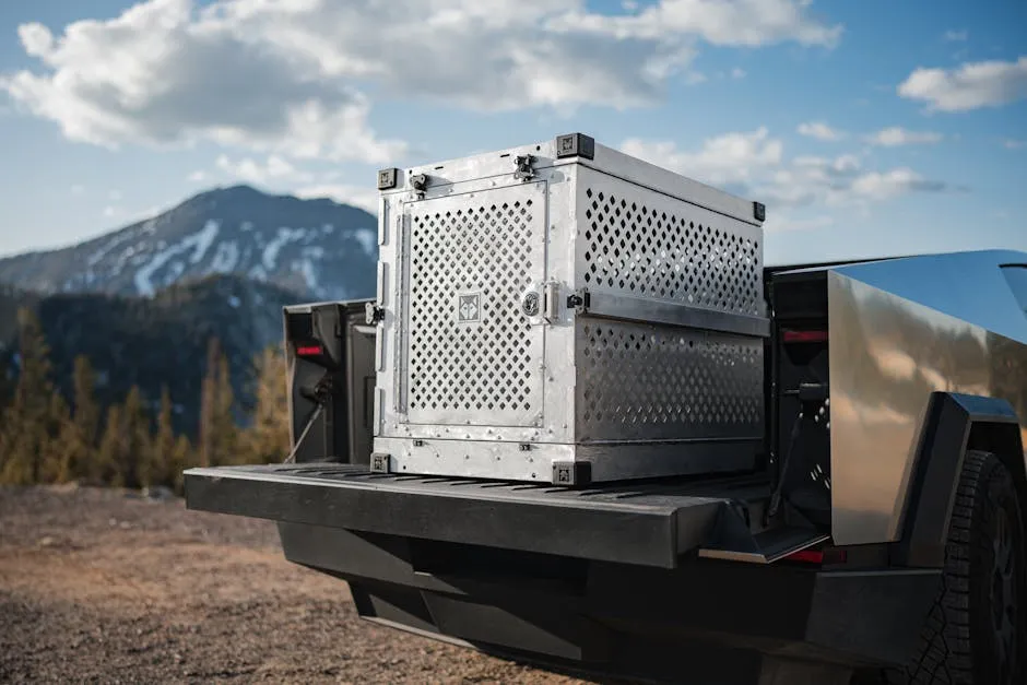 Secure Dog Crate on Cybertruck in Mountain Landscape