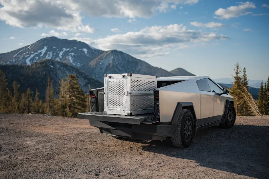 Tesla Cybertruck with Dog Crate in Mountain Landscape