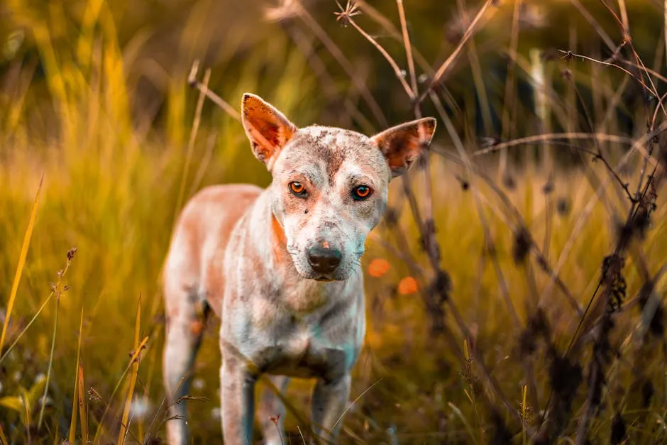 Sad stray dog with skin issues standing in a golden meadow during sunset.