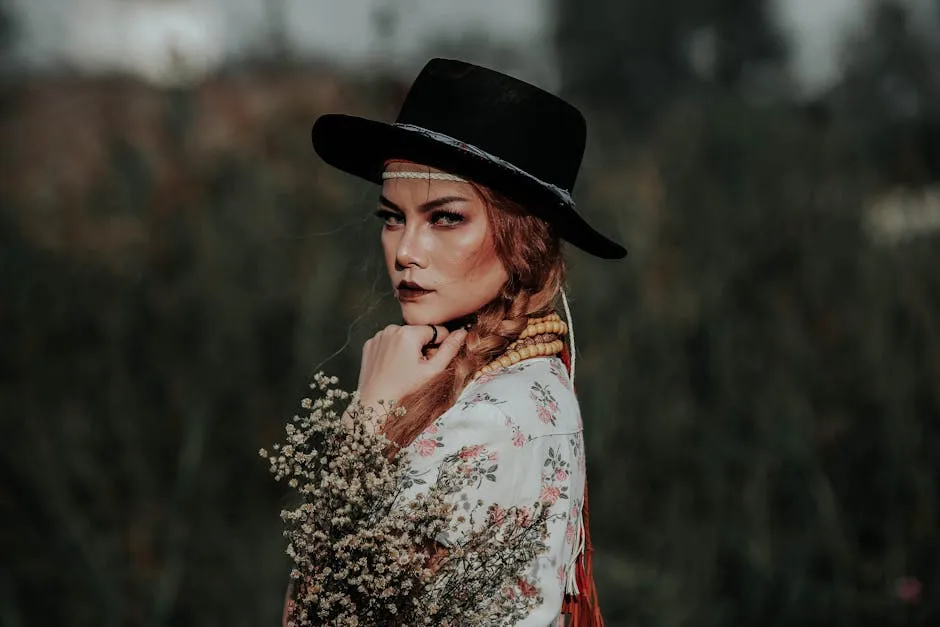 Portrait of Woman in Hat with Floral Bouquets