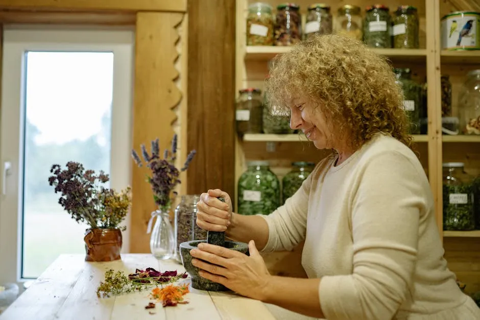 Woman Mixing Herbs in Pounder 