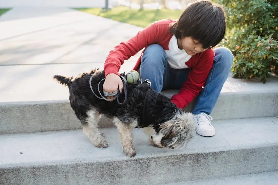 Attentive ethnic child embracing purebred dog while sitting on staircase in city on summer day