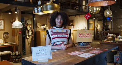 Horizontal video: A saleswoman smiling while standing beside sale signs 6115074. Duration: 16 seconds. Resolution: 4096x2160
