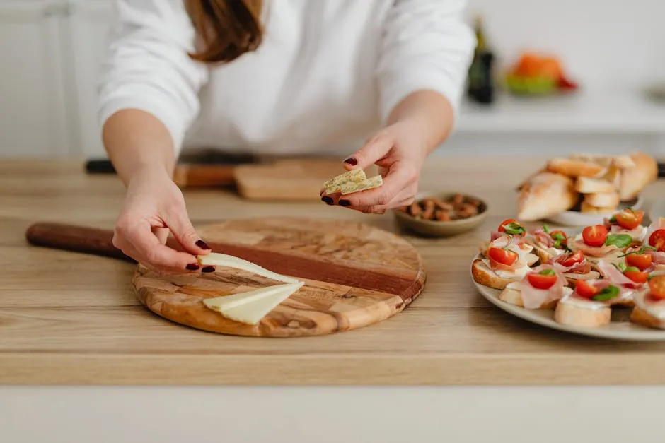 Woman Arranging Slices of Cheese on a Wooden Board